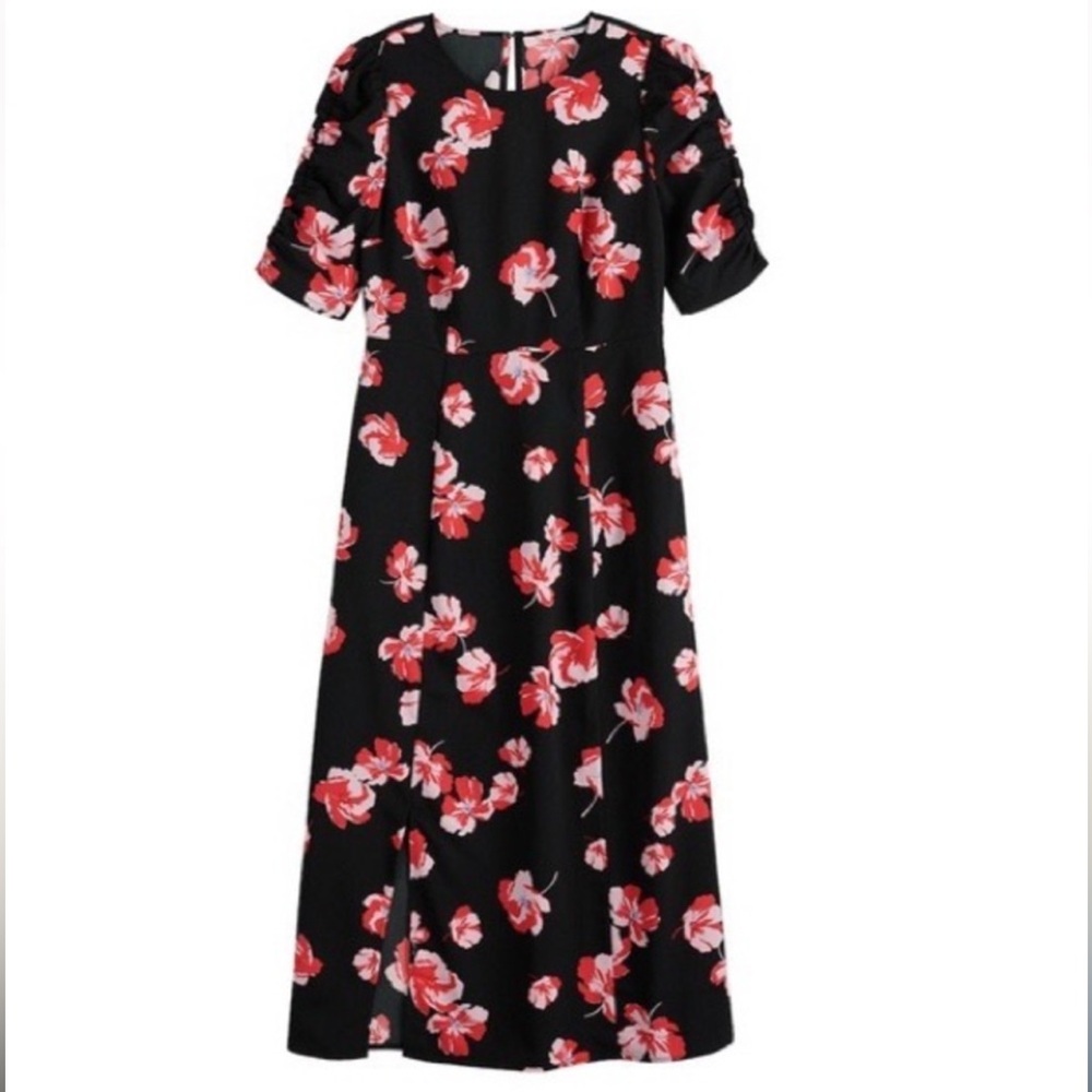 Popsugar Black Floral midi dress with side‎ slit short sleeves, size S Retro
